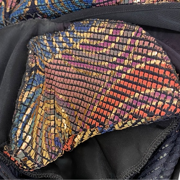 Vintage Multicolor Metallic Painted Bombshell Mesh Front Midi Dress Size Small - Picture 11 of 16